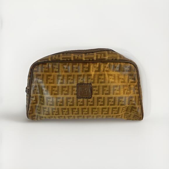 Fendi Zucchino Logo Zip Pouch Pattern PVC Clutch Brown Tan Vintage Bag authentic - Picture 1 of 12